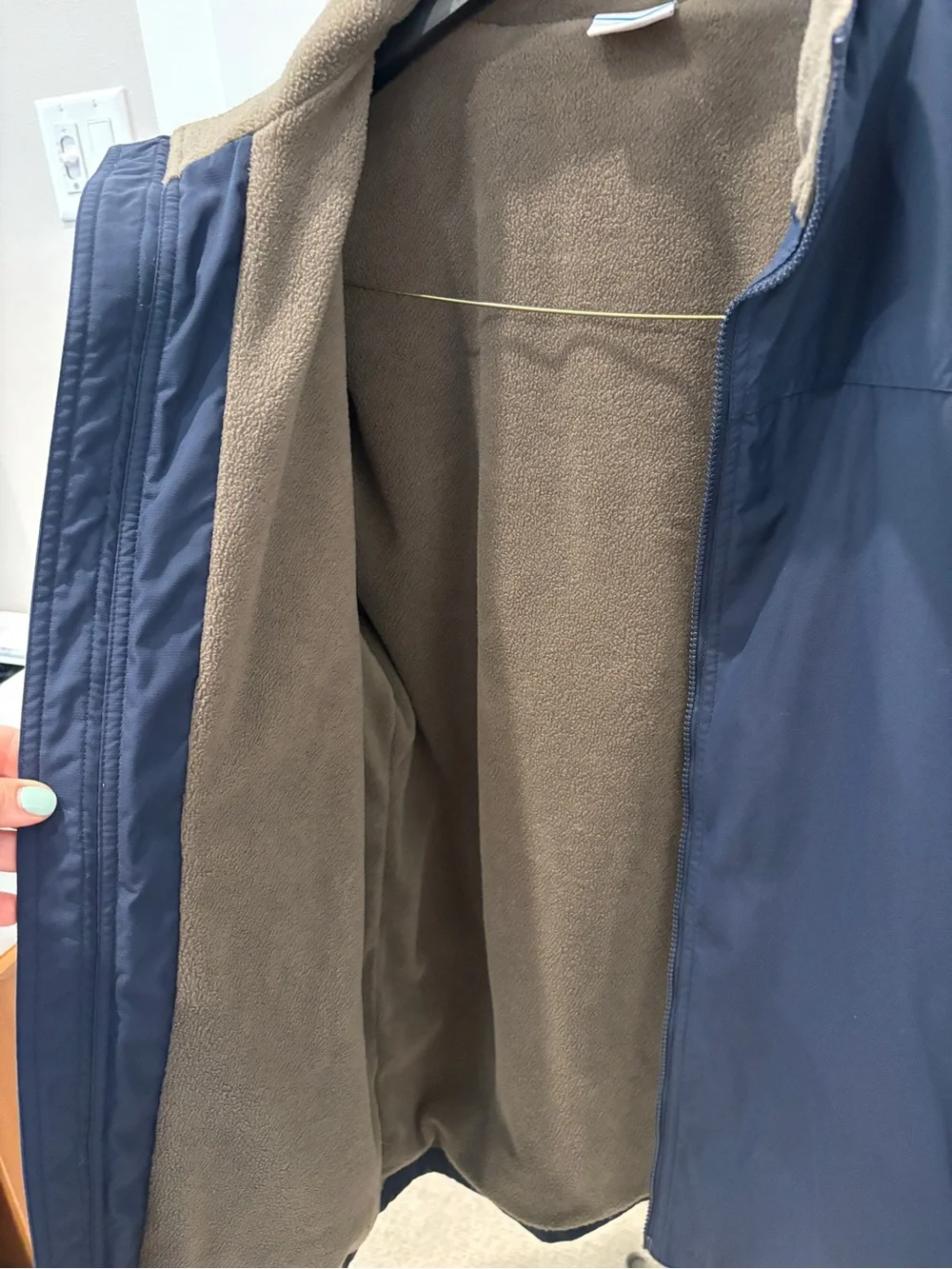 Columbia Men's Navy Jacket with Tan Fleece Lining and zip pockets - large